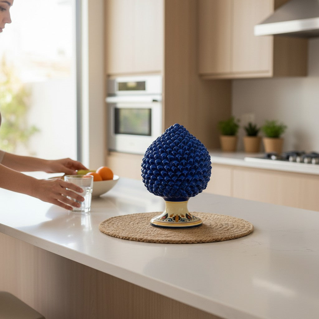 SICILIAN PINECONE: Ceramic 'Pigna Siciliana' Handcrafted with decorated pedestal - BLUE