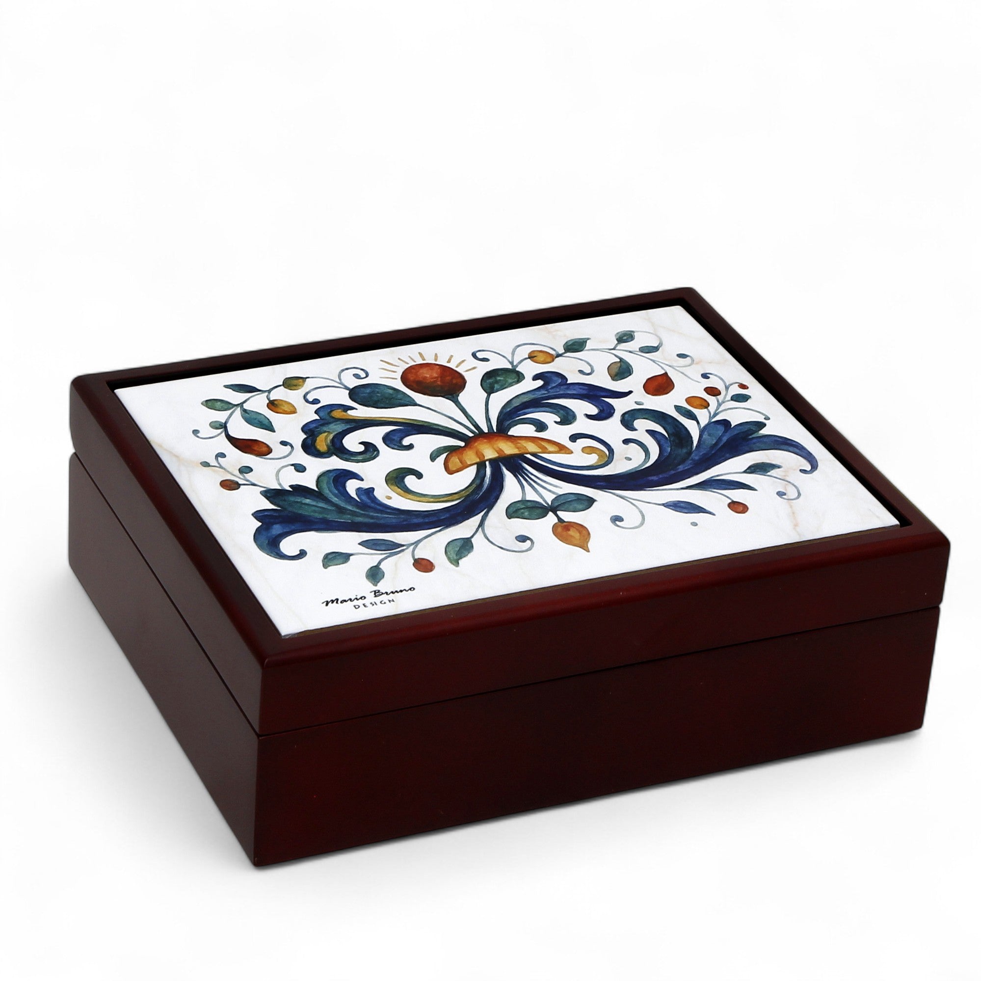 RICCO ITALIA DERUTA: WOOD BOX Lined large wood keepsake box with printed tile - Ricco Italia Deruta Design