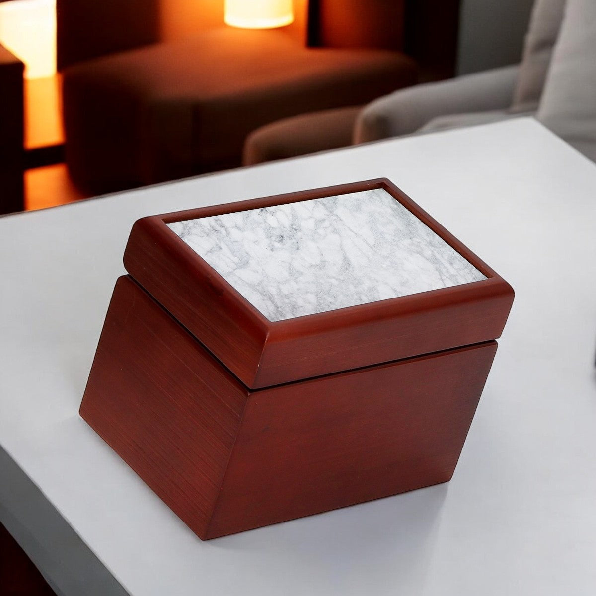 WOOD BOX: Lined Tea Bags Wood Box with printed tile lid - Opera "Gray Carrara Marble"