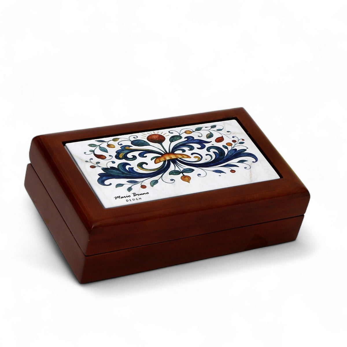 RICCO ITALIA DERUTA: WOOD BOX Lined Short Wood Box with printed tile lid - Ricco Italia Deruta Design