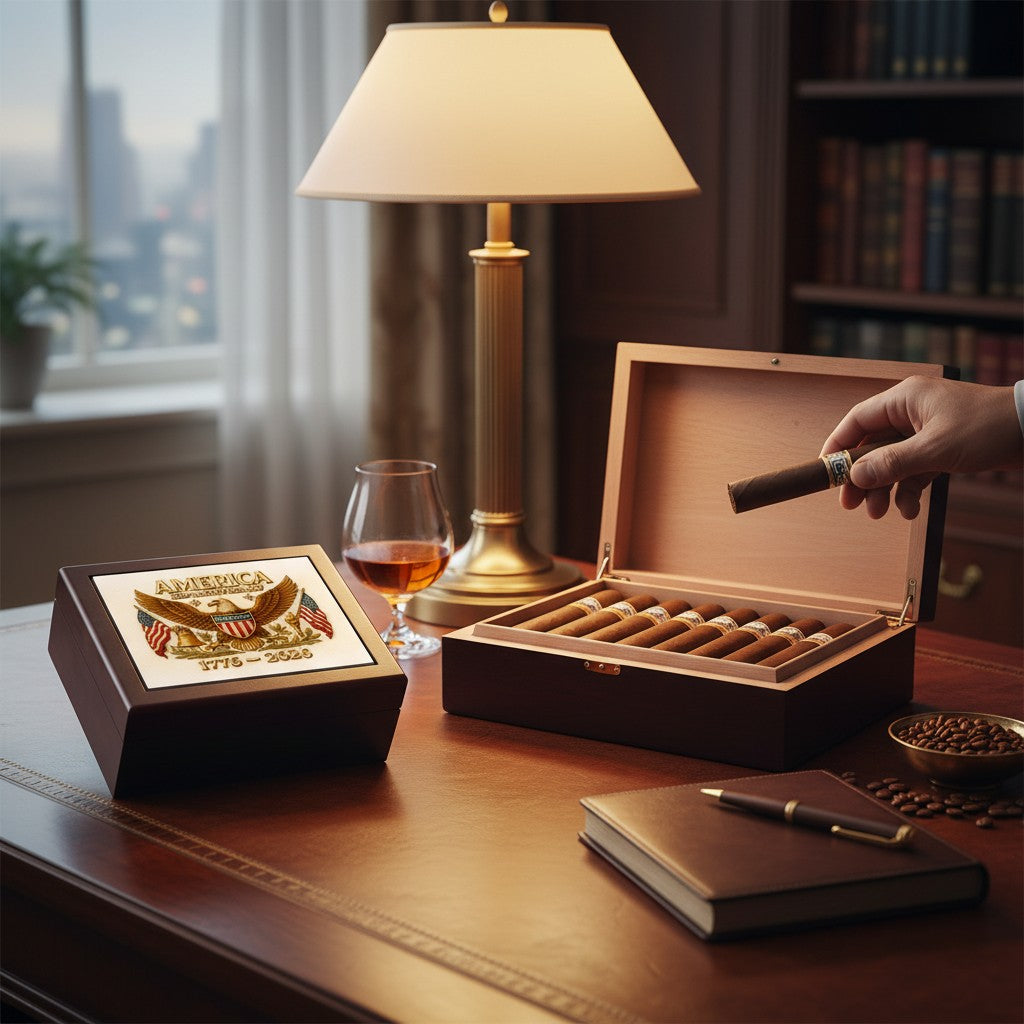CIGAR HUMIDOR BOX: Luxury Mahogany Satin Finish fully lined in Cedar Wood - 250th USA.