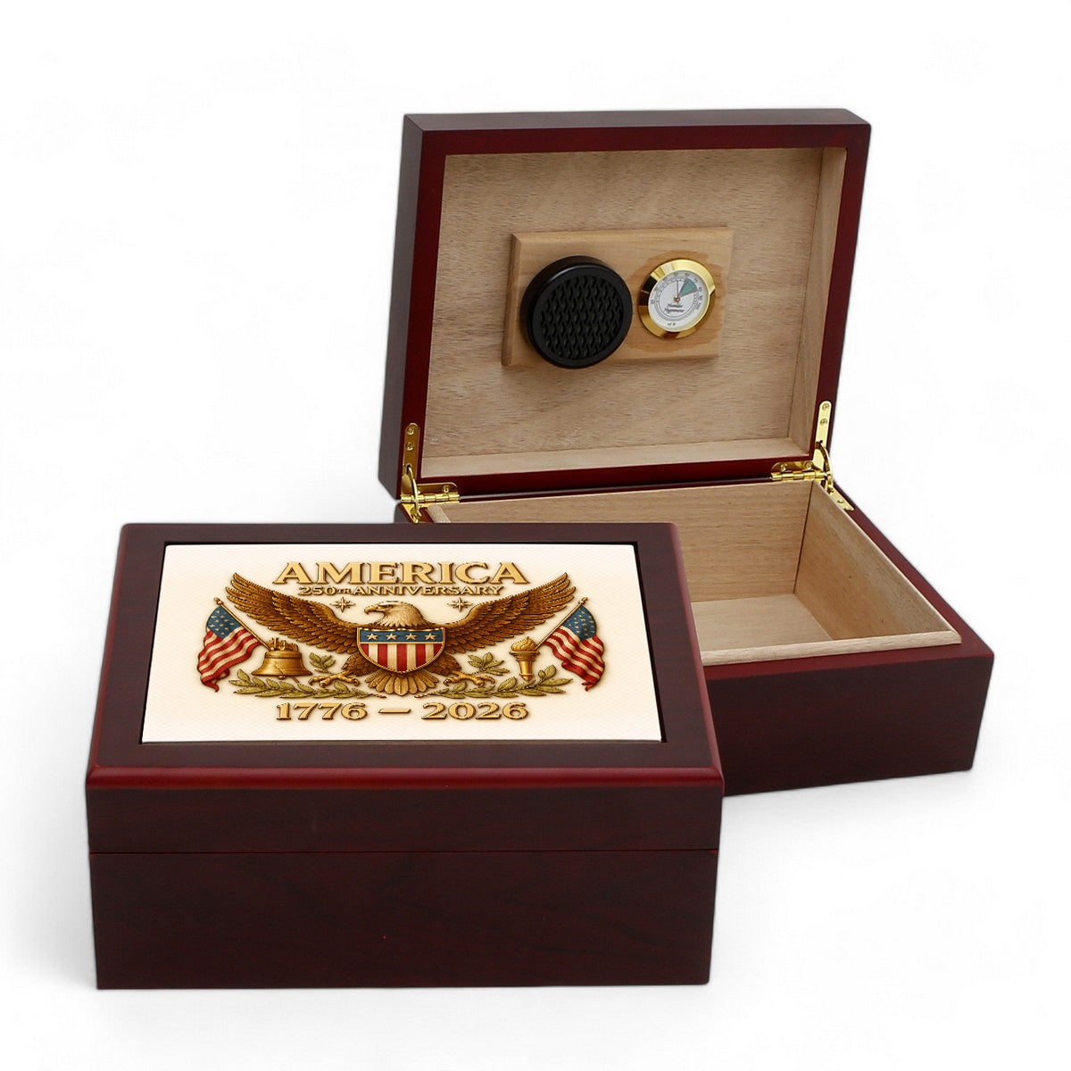CIGAR HUMIDOR BOX: Luxury Mahogany Satin Finish fully lined in Cedar Wood - 250th USA.