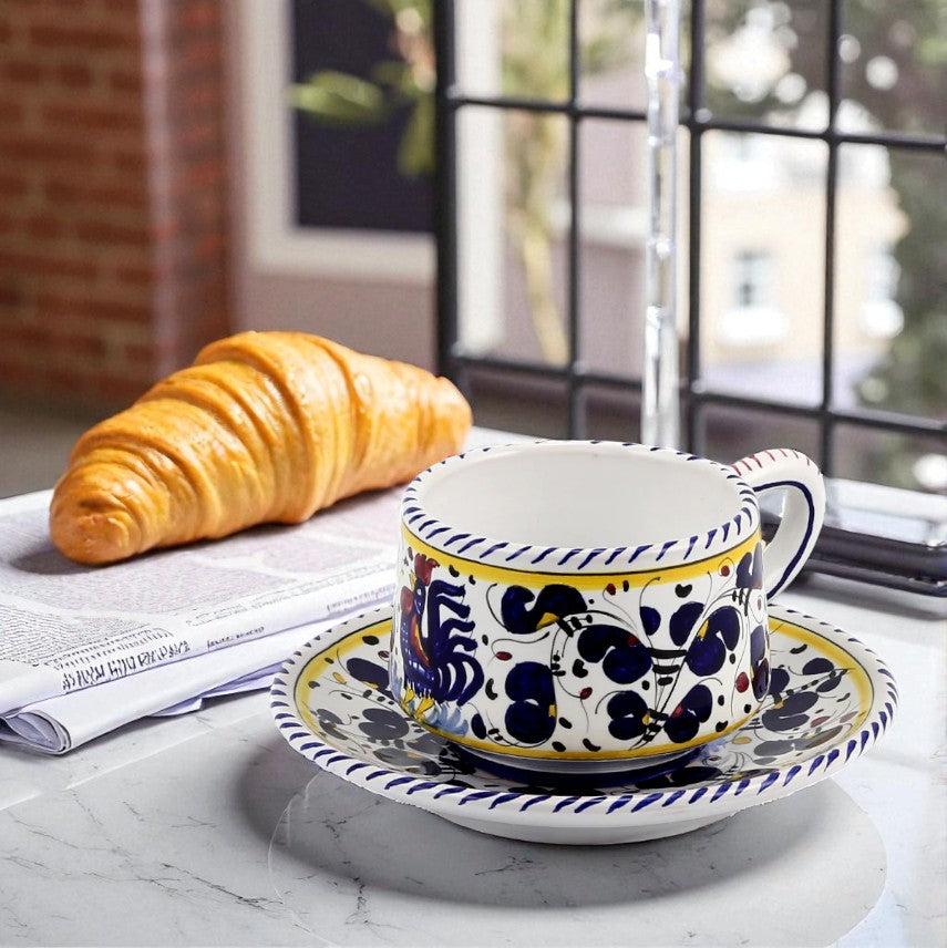 ORVIETO BLUE ROOSTER: Cup and Saucer - Artistica.com