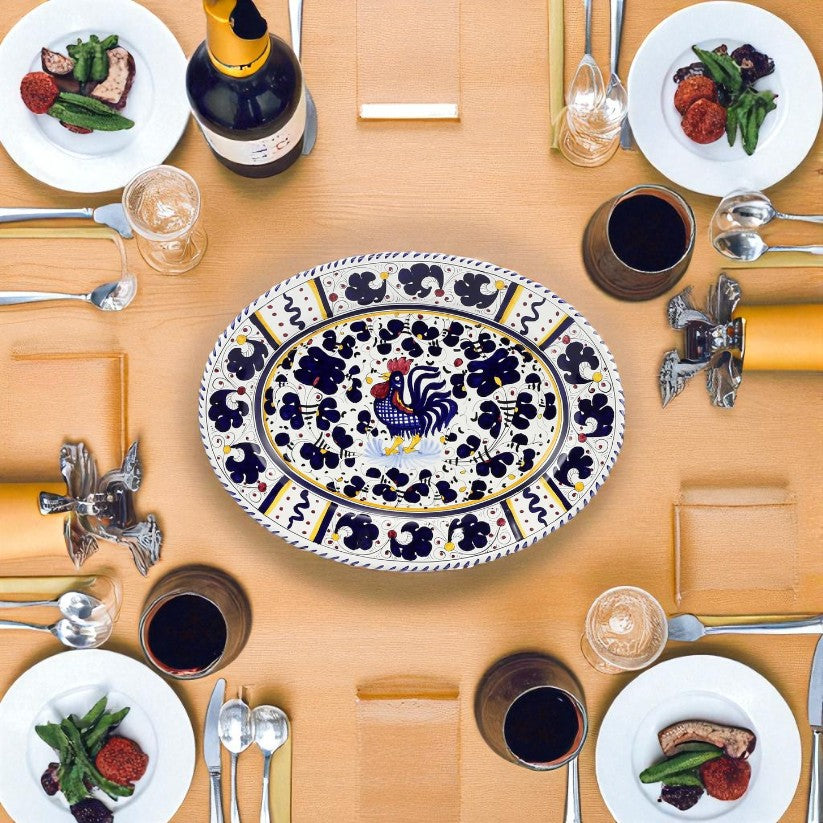 ORVIETO BLUE ROOSTER: Large Oval Platter - Artistica.com