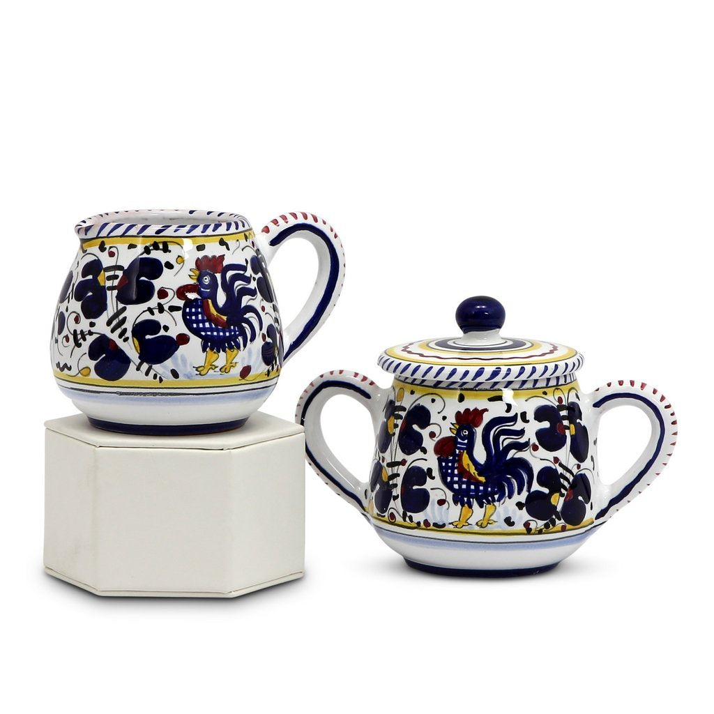GIFT BOX: With authentic Deruta hand painted ceramic - Cream & Sugar Set Blue Rooster design