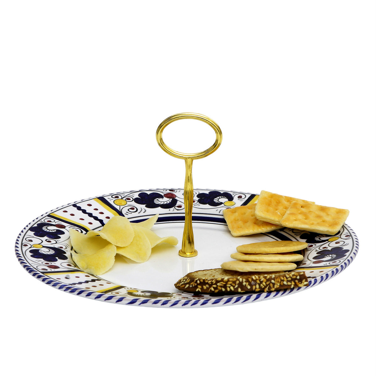 ORVIETO BLUE ROOSTER: Tid Bit Server Plate with Golden or Chrome Oval Metal Handle - Artistica.com