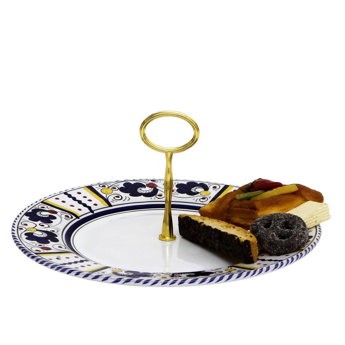 ORVIETO BLUE ROOSTER: Tid Bit Server Plate with Golden or Chrome Oval Metal Handle - Artistica.com