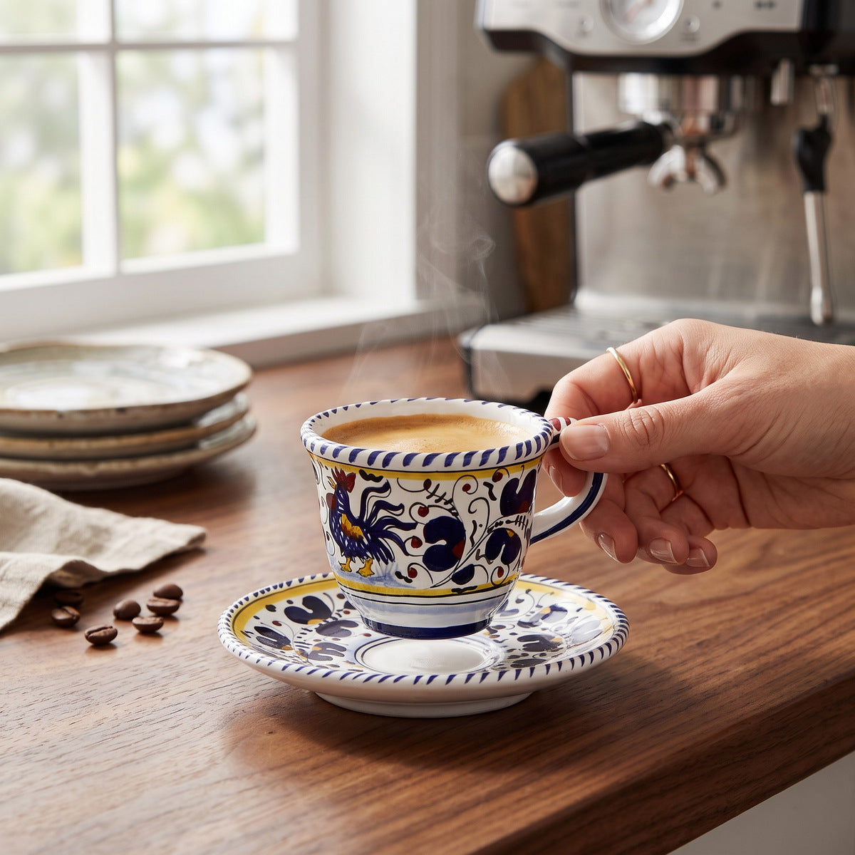 ORVIETO BLUE ROOSTER: Espresso cup and Saucer - Artistica.com