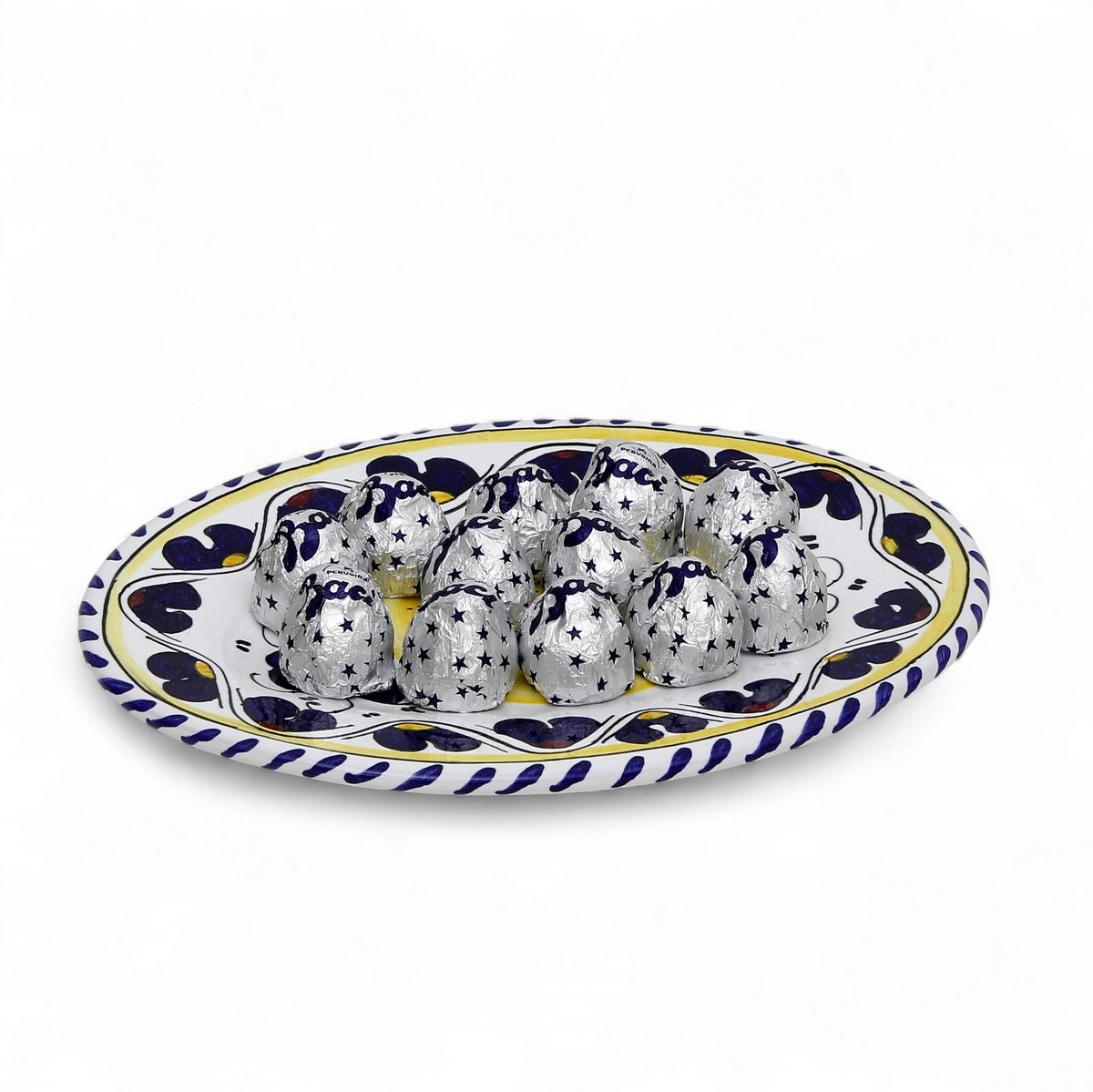 LOVE.ly: Deruta Small Oval Plate with 12 Baci Perugina - ORVIETO BLUE ROOSTER design