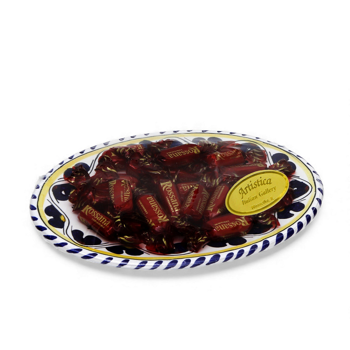 LOVE.ly: Deruta Small Oval Plate with 12 Baci Perugina or 20 Rossana Candies  - ORVIETO BLUE ROOSTER design