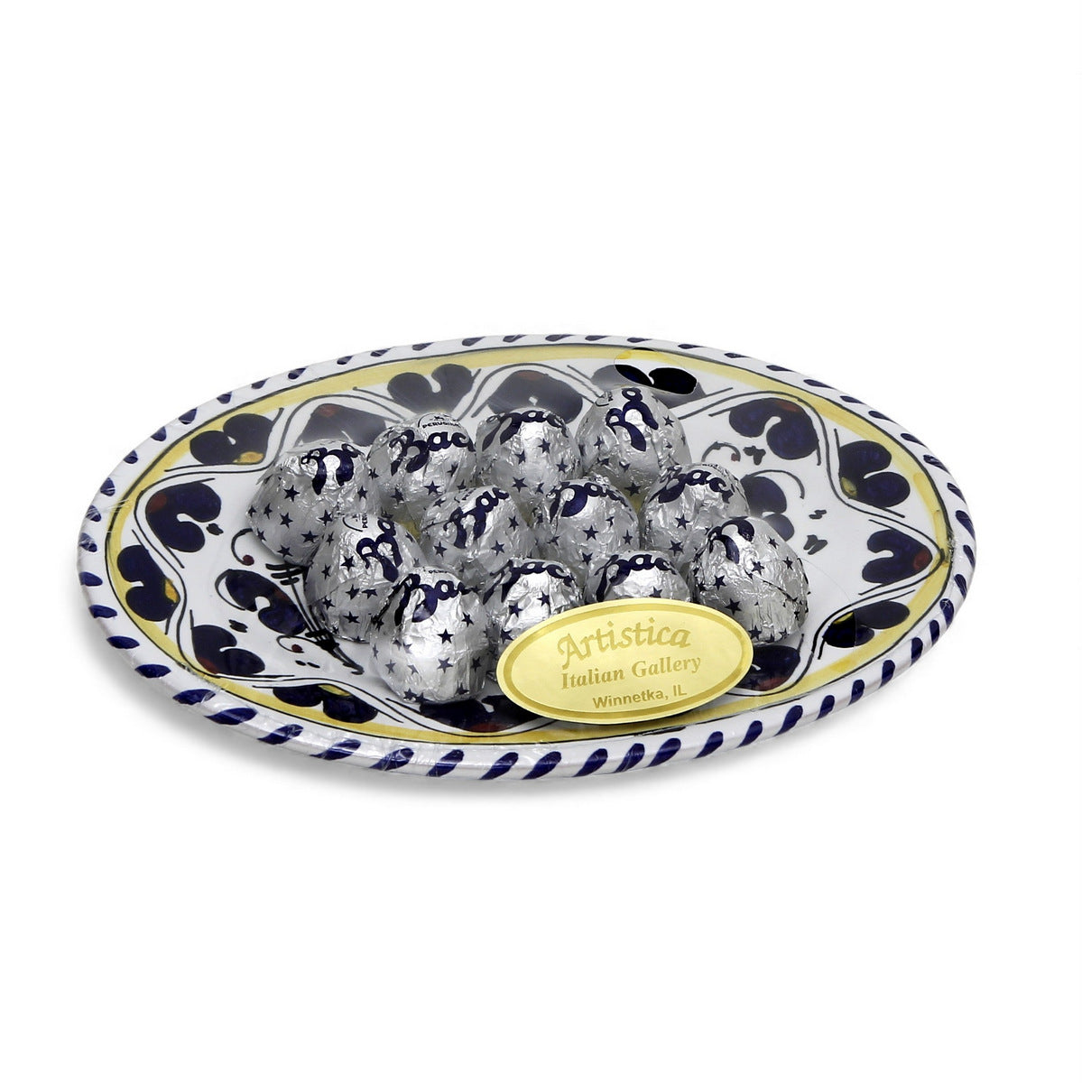 LOVE.ly: Deruta Small Oval Plate with 12 Baci Perugina - ORVIETO BLUE ROOSTER design