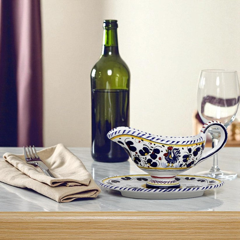 ORVIETO BLUE ROOSTER: Gravy Sauce Boat with Tray [R] - Artistica.com