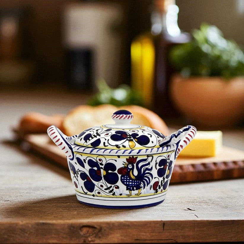 ORVIETO BLUE ROOSTER: Covered Parmesan Cheese Bowl with Spoon - Artistica.com