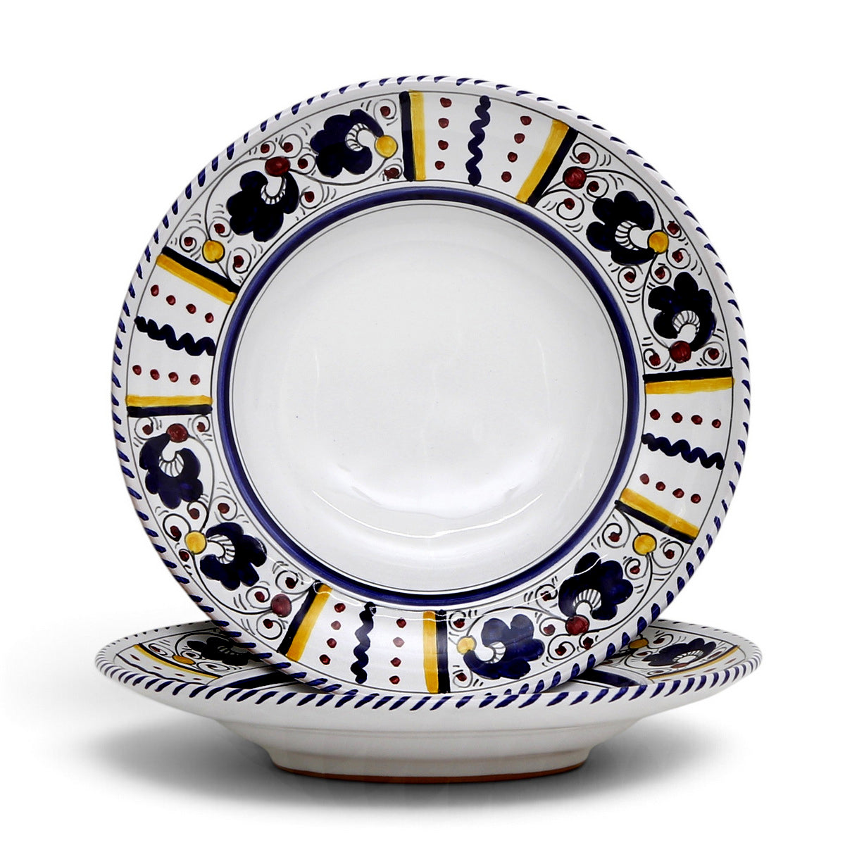 ORVIETO BLUE ROOSTER: Pasta/Soup Rimmed Bowl Plate - White Center