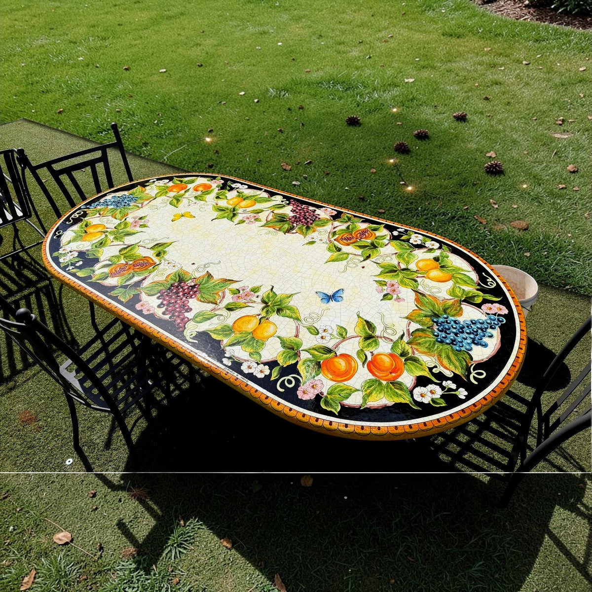 CERAMIC STONE TABLE + IRON BASE: BEVAGNA Design^ - Hand Painted in Deruta, Italy.