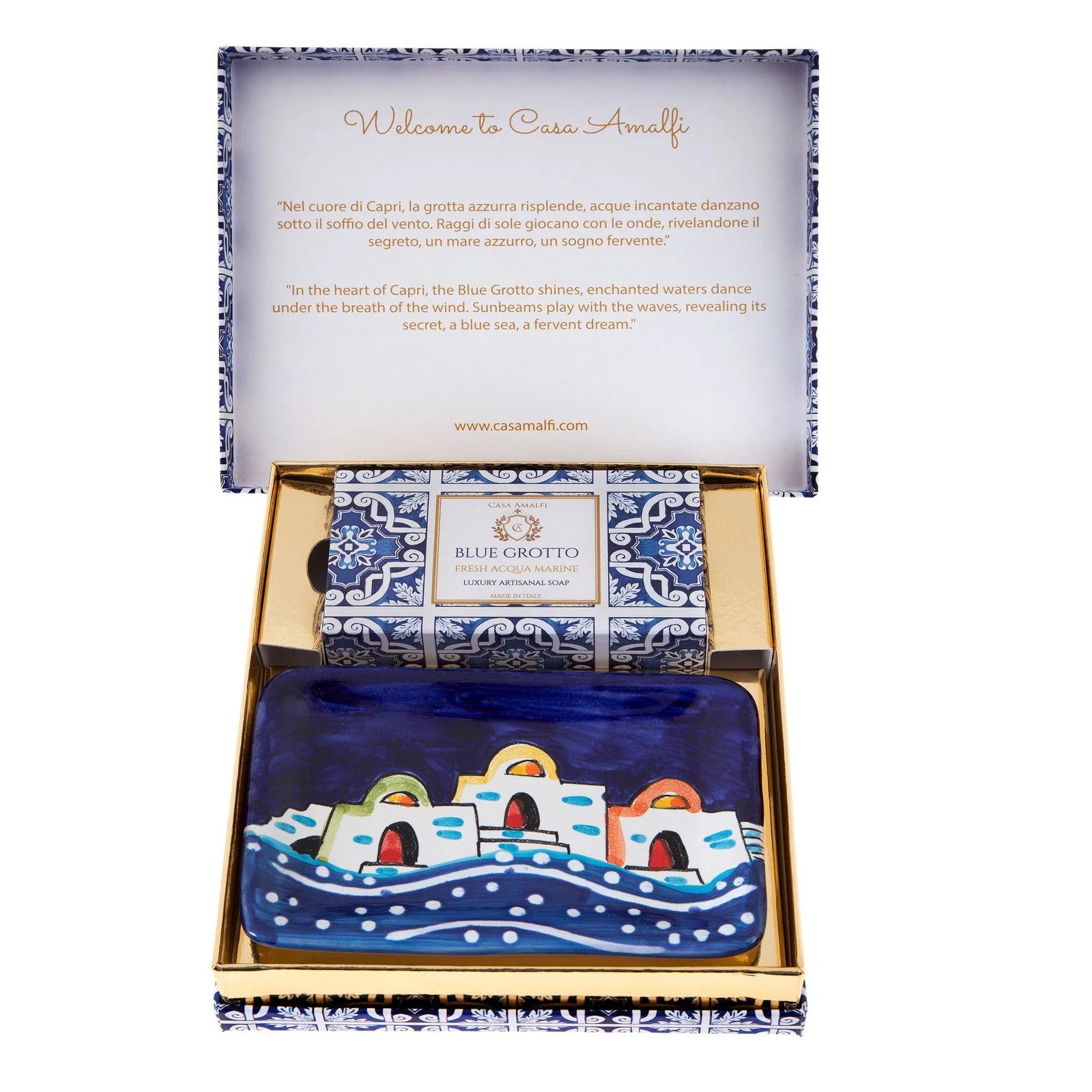 CASA AMALFI SOAPS: Scented Soap Bar with ceramic soap dish - BLUE GROTTO SINGLE GIFT BOX (v.2026)