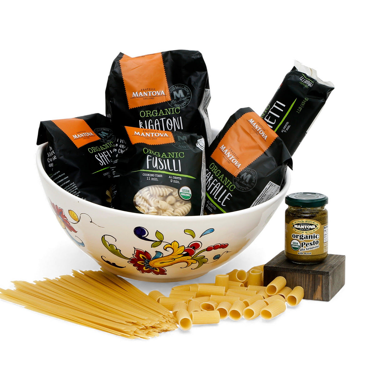 GIFT BUNDLES: Deruta Oval Bowl with 5 Organic Pasta + Pesto Sauce - ORNATO design