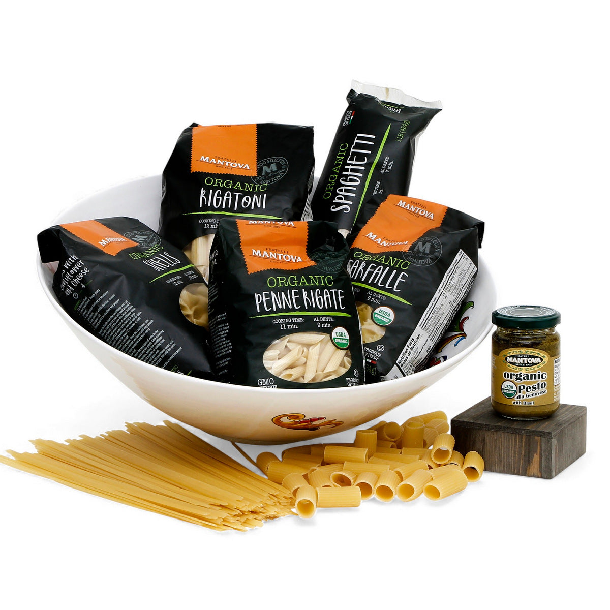 GIFT BUNDLES: Deruta Large Round Bowl with 5 Organic Pasta + Pesto Sauce - ORNATO design