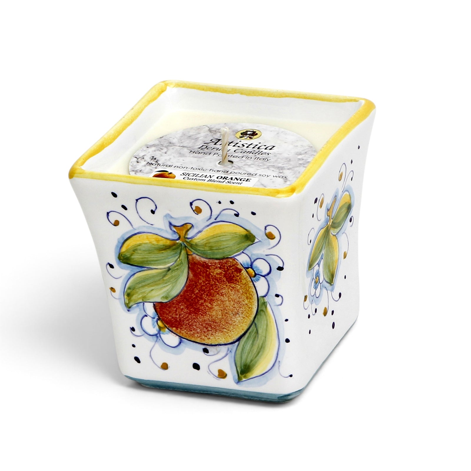 SICILIAN ORANGE CANDLE: Deruta Hand Painted Square Flared Candle with Sicilian Orange Design & Scent