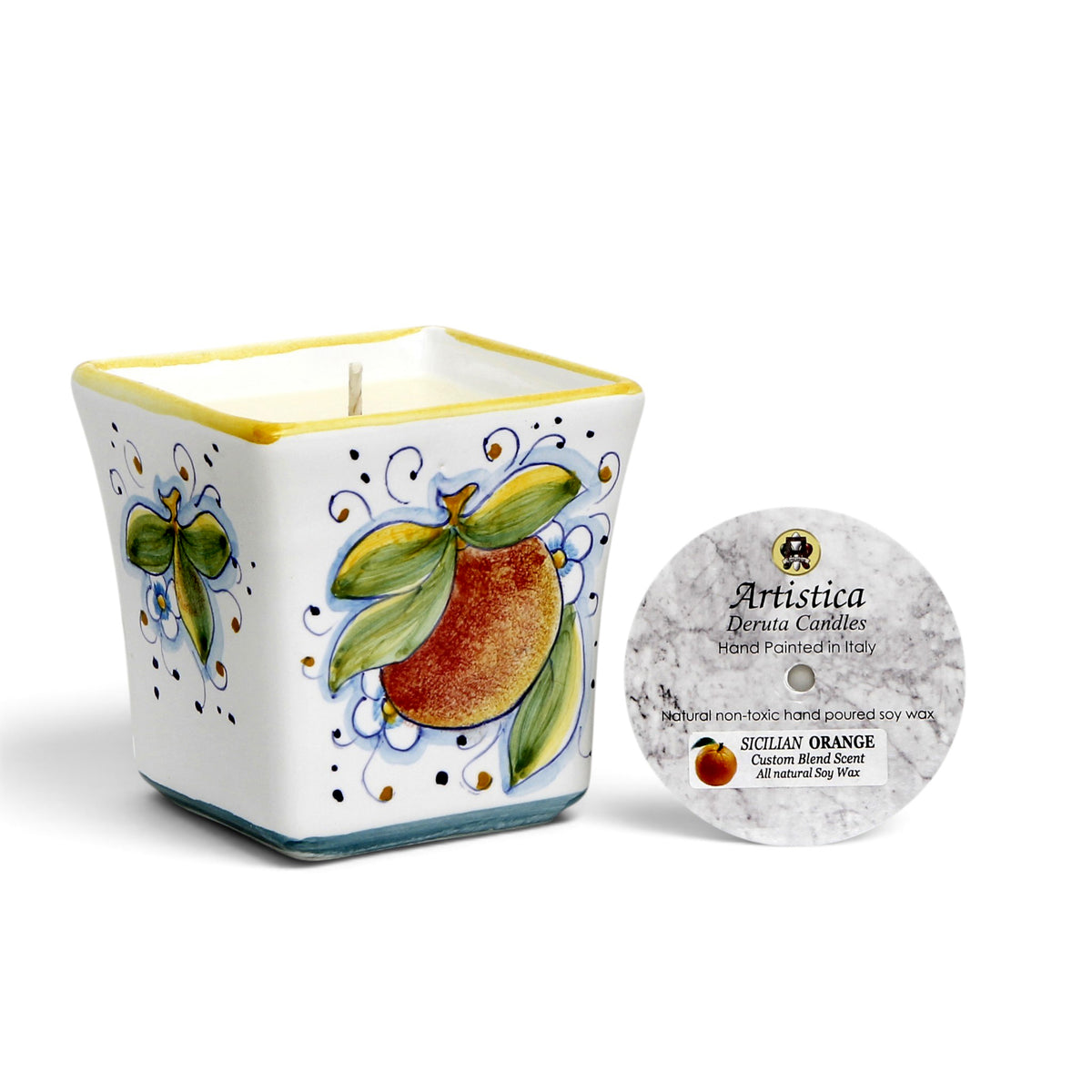 SICILIAN ORANGE CANDLE: Deruta Hand Painted Square Flared Candle with Sicilian Orange Design & Scent