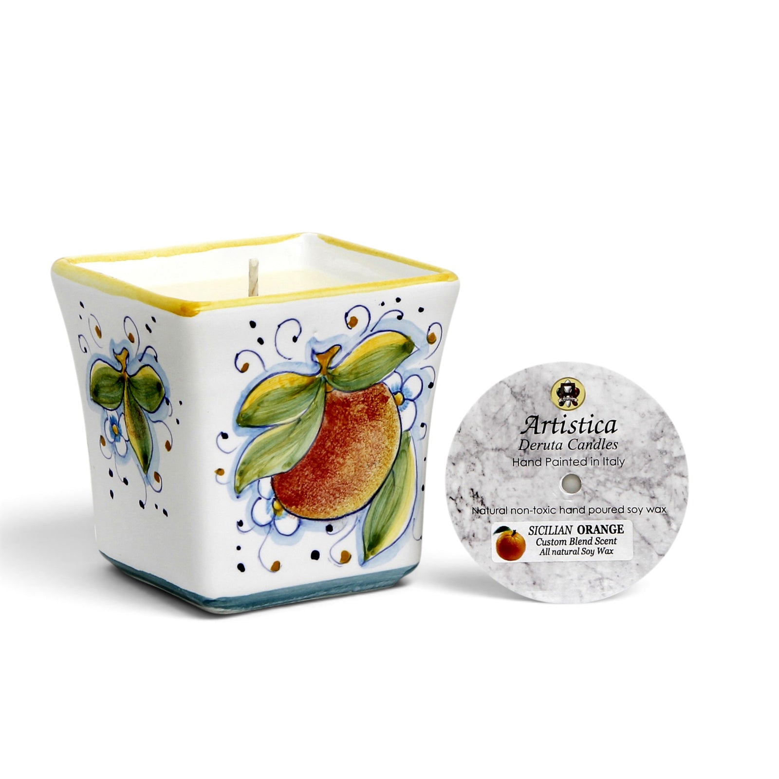 SICILIAN ORANGE CANDLE: Deruta Hand Painted Square Flared Candle with Sicilian Orange Design & Scent
