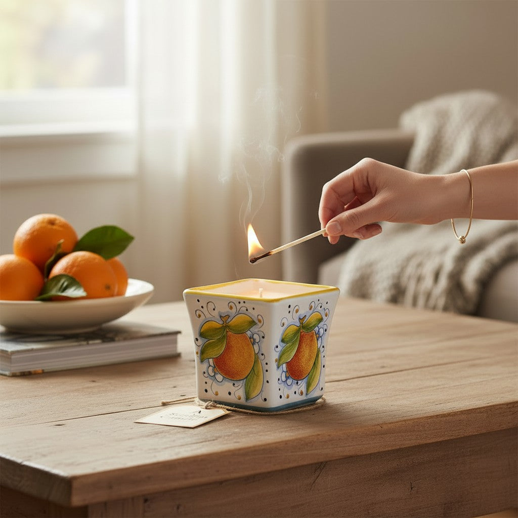 SICILIAN ORANGE CANDLE: Deruta Hand Painted Square Flared Candle with Sicilian Orange Design & Scent