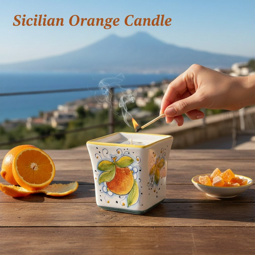 SICILIAN ORANGE & POSITANO LEMON CANDLES: Deruta Hand Painted Square Flared Candle with Sicilian Orange and Positano Lemon Design & Scent