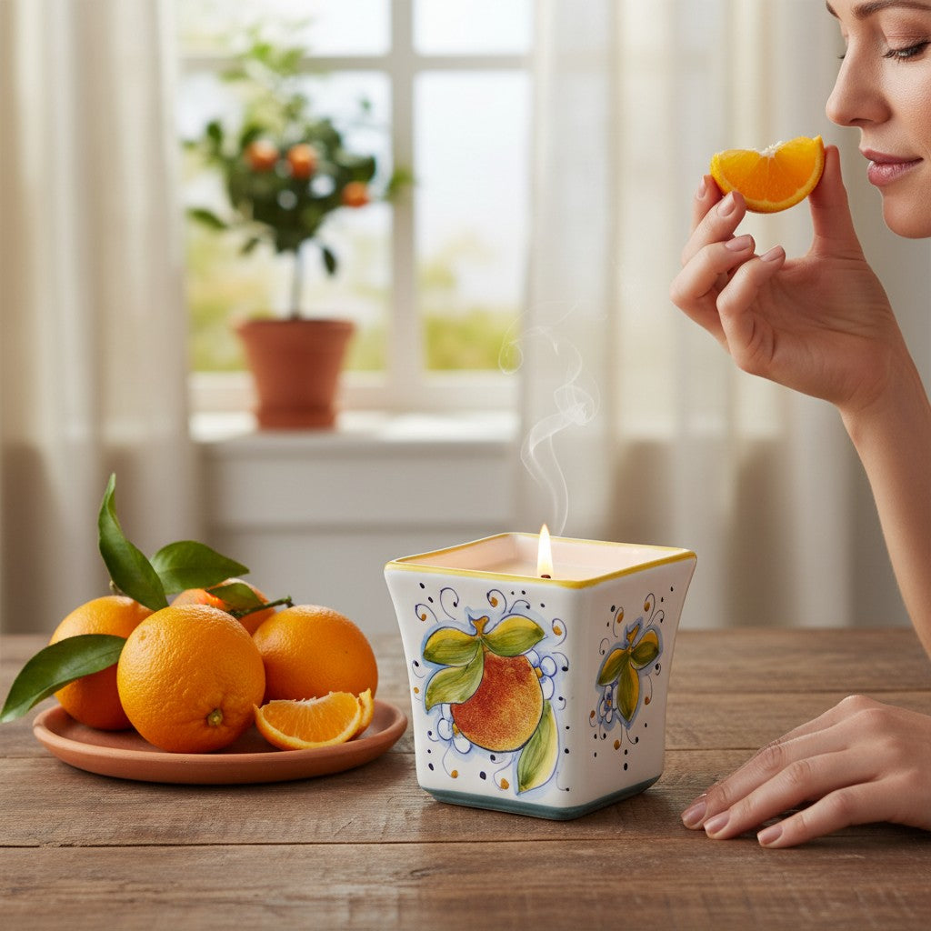 SICILIAN ORANGE & POSITANO LEMON CANDLES: Deruta Hand Painted Square Flared Candle with Sicilian Orange and Positano Lemon Design & Scent