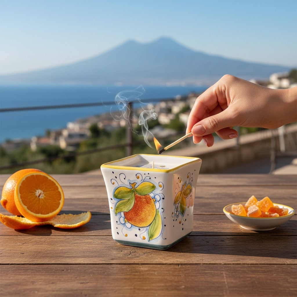 SICILIAN ORANGE CANDLE: Deruta Hand Painted Square Flared Candle with Sicilian Orange Design & Scent