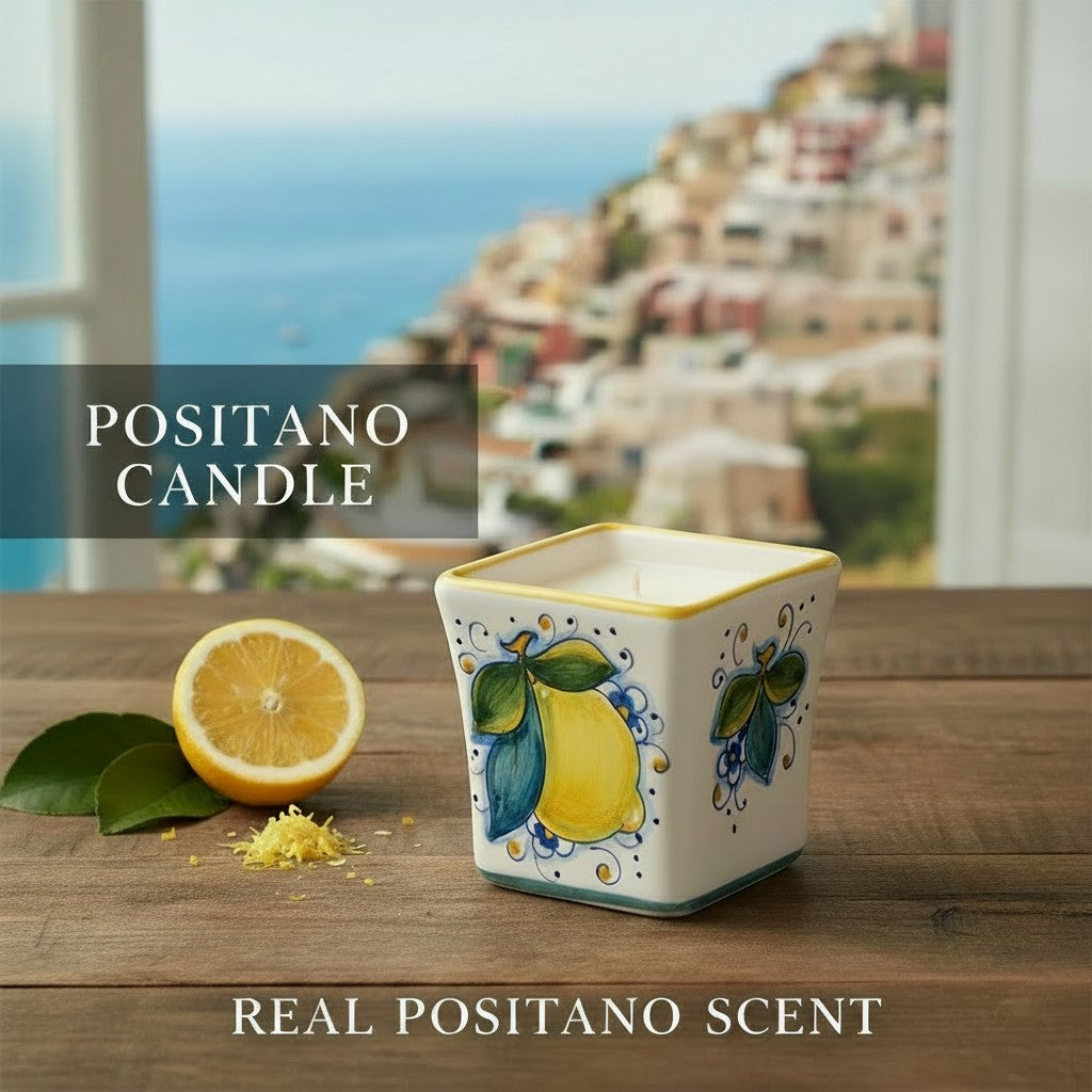 SICILIAN ORANGE & POSITANO LEMON CANDLES: Deruta Hand Painted Square Flared Candle with Sicilian Orange and Positano Lemon Design & Scent