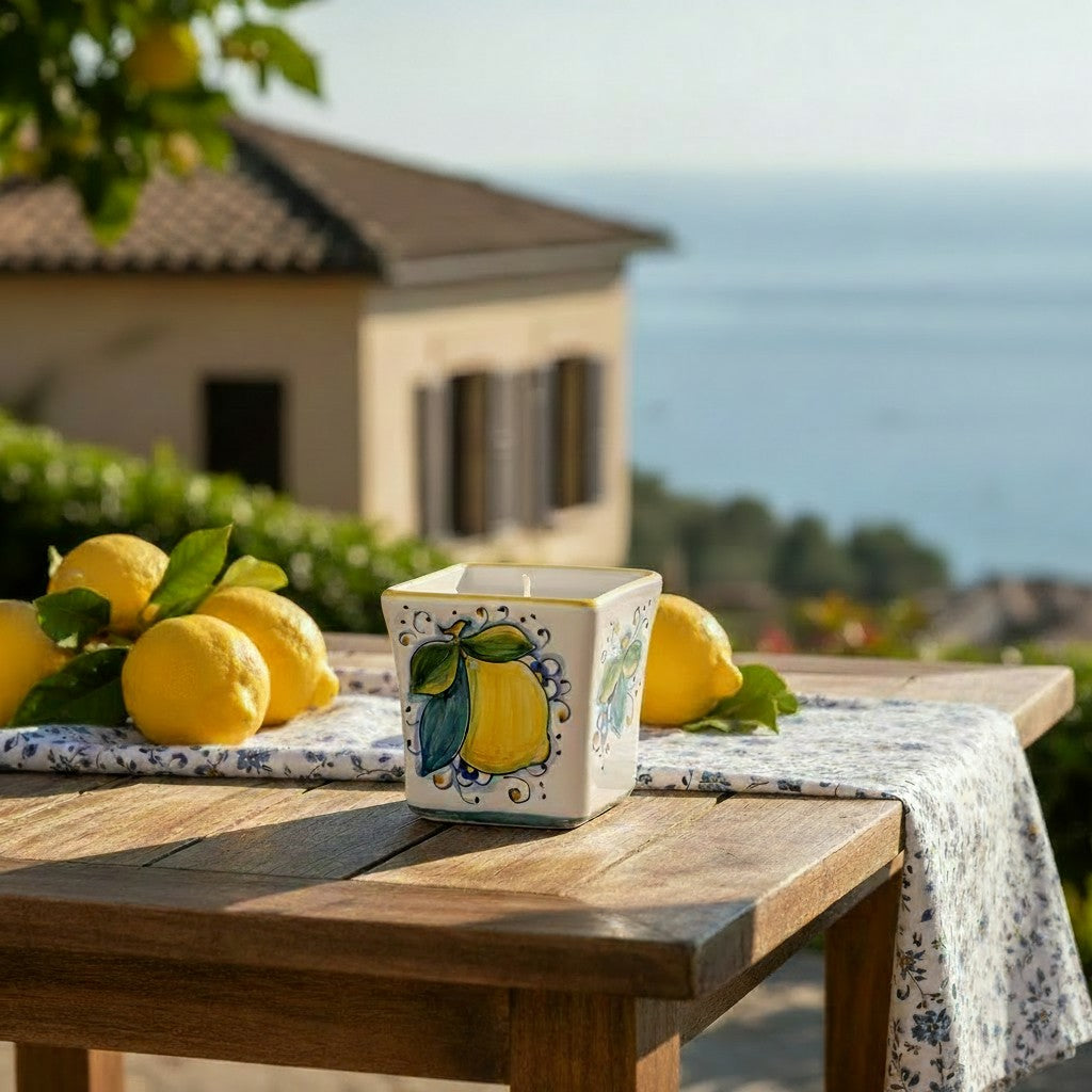 POSITANO LEMON CANDLE: Deruta Hand Painted Square Flared Candle with Positano Limoni Design & Scent