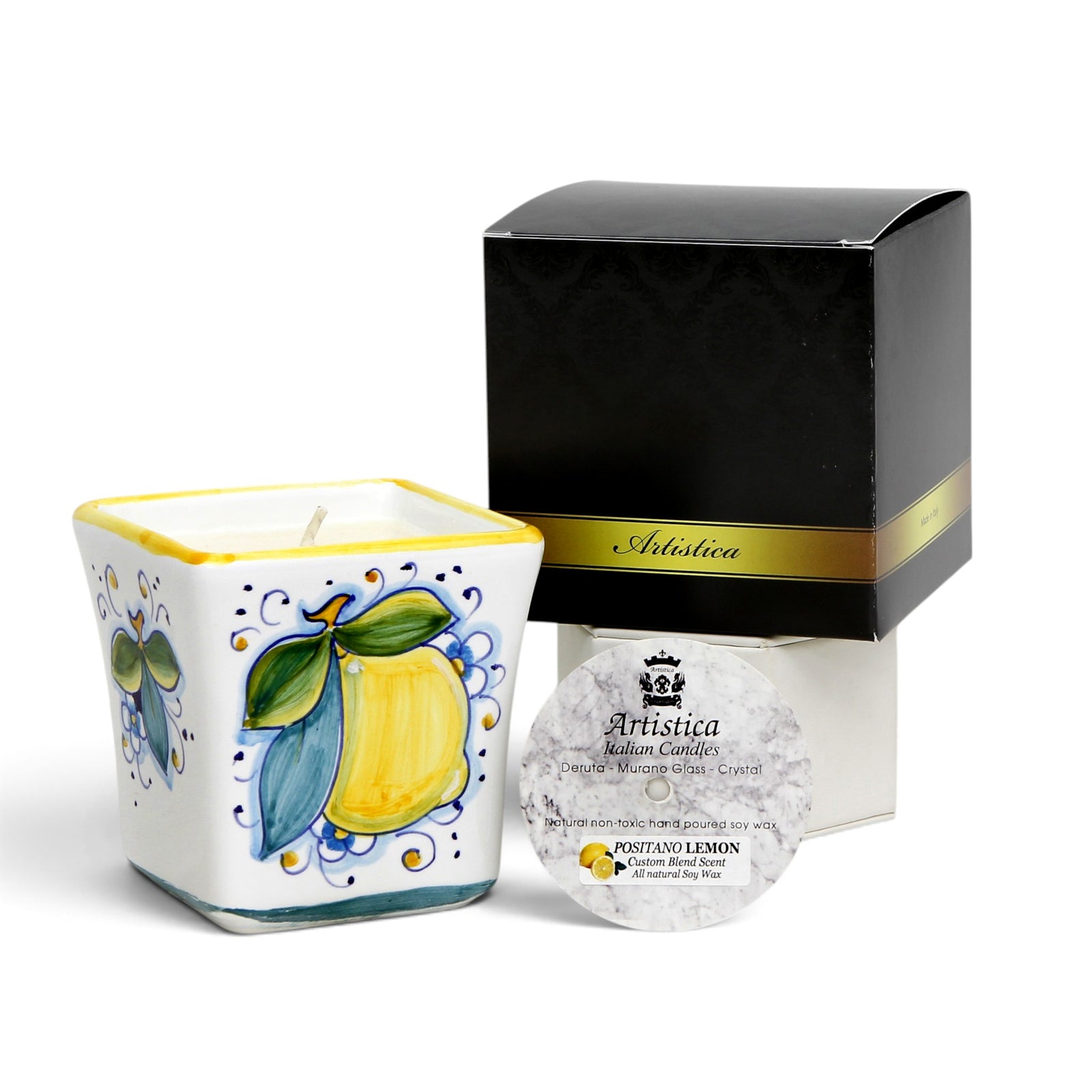 SICILIAN ORANGE & POSITANO LEMON CANDLES: Deruta Hand Painted Square Flared Candle with Sicilian Orange and Positano Lemon Design & Scent
