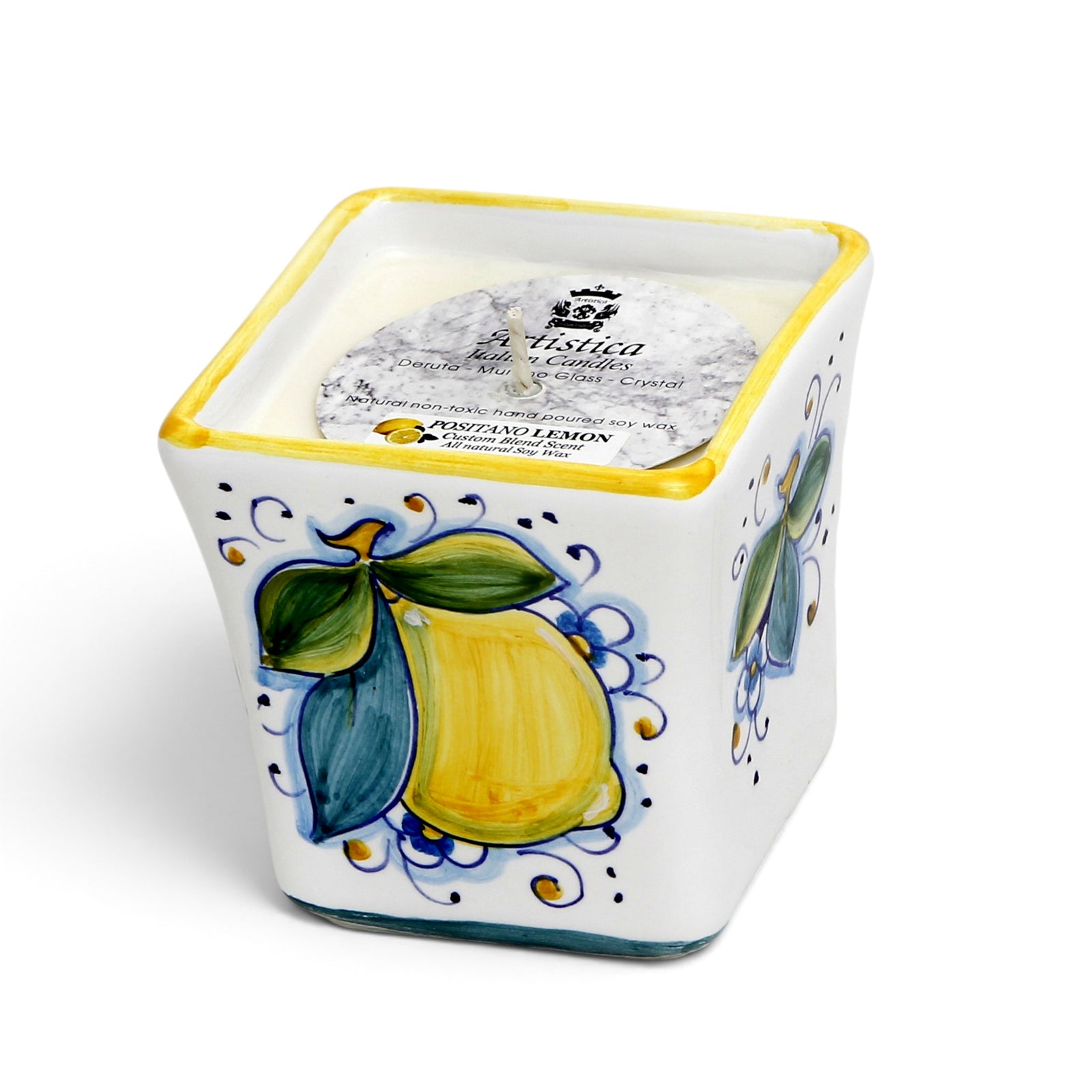 POSITANO LEMON CANDLE: Deruta Hand Painted Square Flared Candle with Positano Limoni Design & Scent