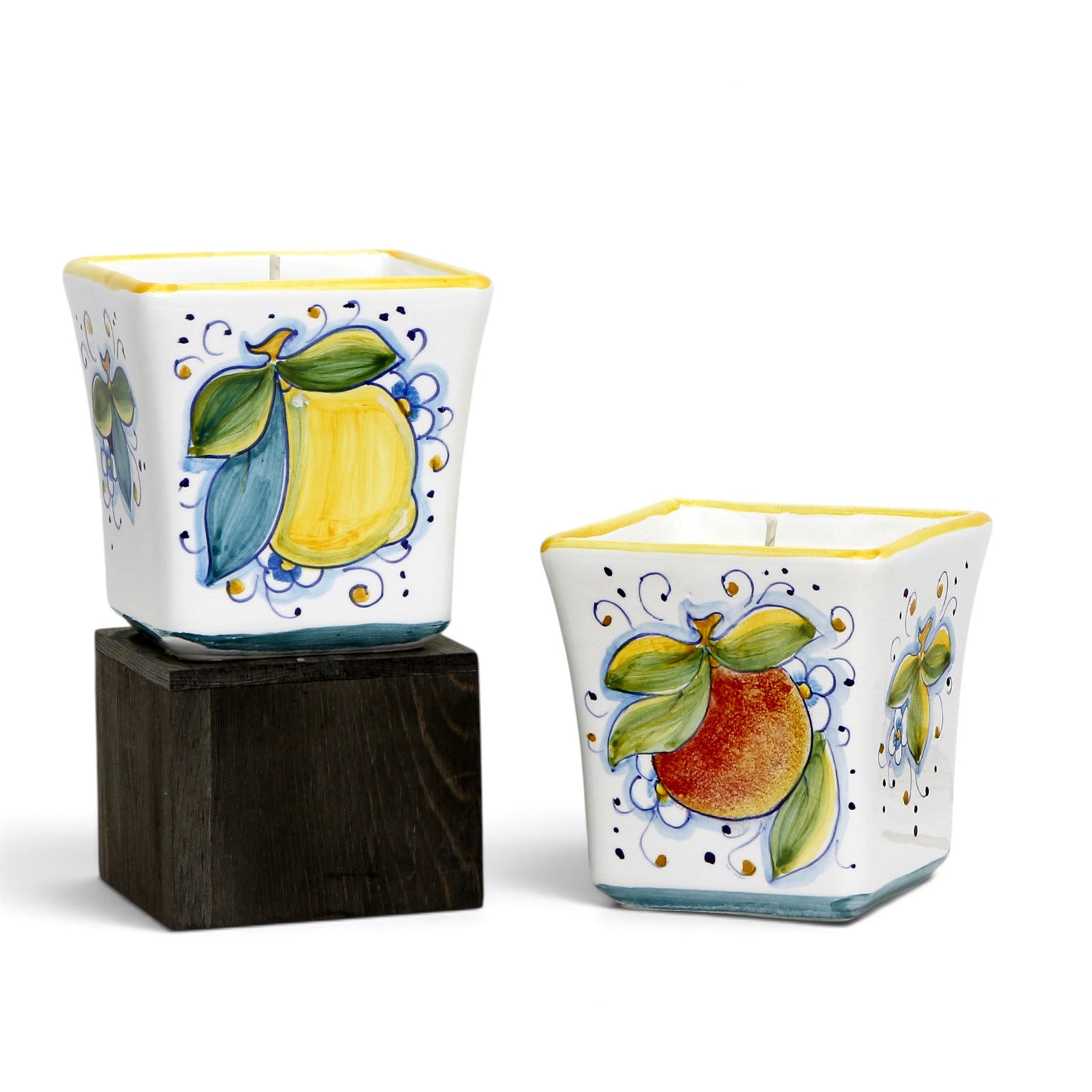 SICILIAN ORANGE & POSITANO LEMON CANDLES: Deruta Hand Painted Square Flared Candle with Sicilian Orange and Positano Lemon Design & Scent