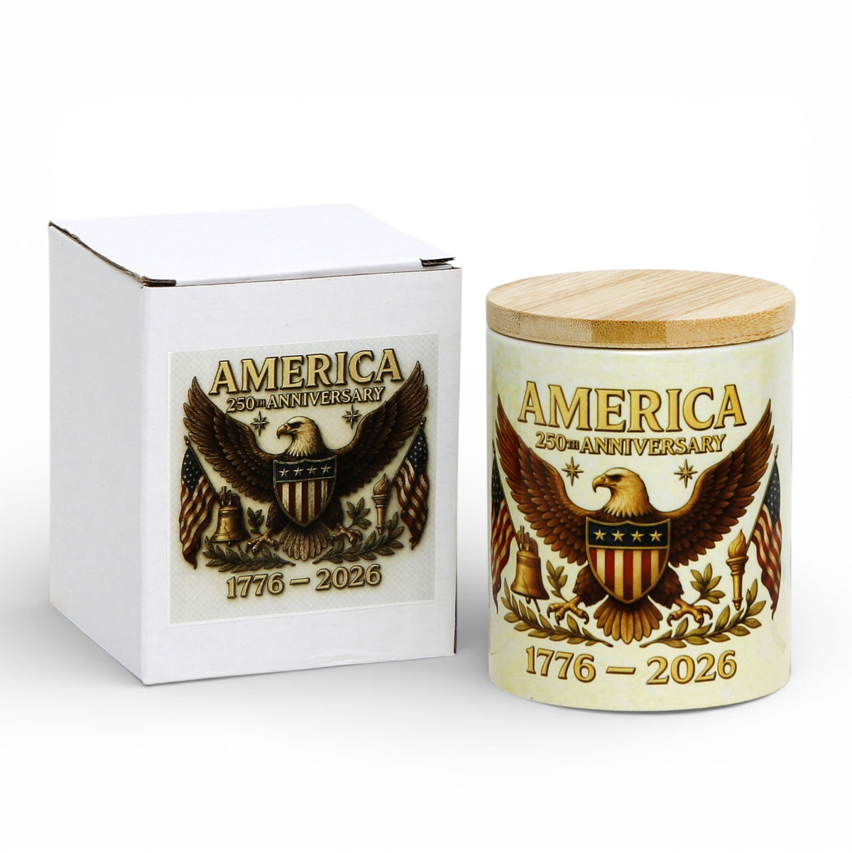 SUBLIMART: USA-250 Anniversary Candle - Reusable Ceramic Tumbler with wood lid - (11 Oz)