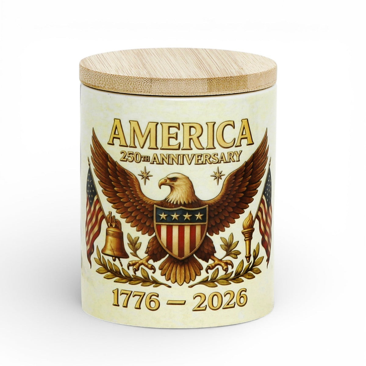 SUBLIMART: USA-250 Anniversary Candle - Reusable Ceramic Tumbler with wood lid - (11 Oz)
