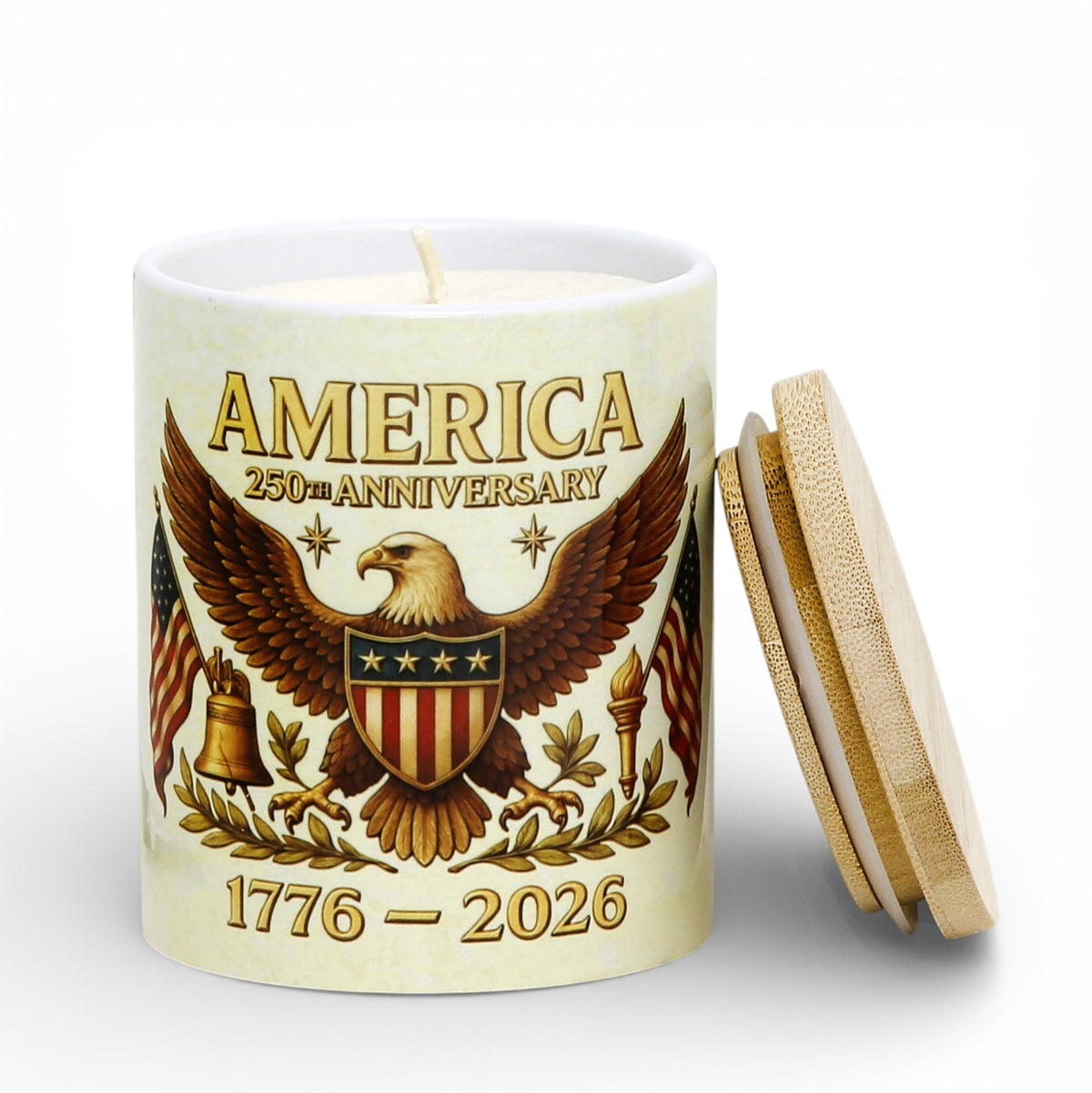 SUBLIMART: USA-250 Anniversary Candle - Reusable Ceramic Tumbler with wood lid - (11 Oz)