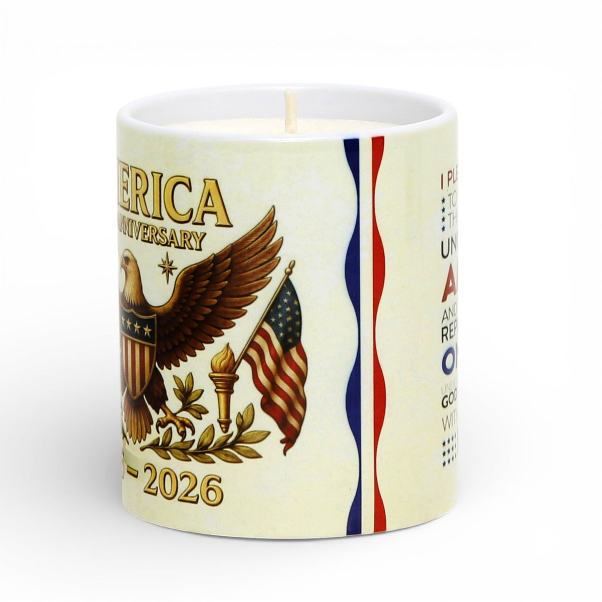 SUBLIMART: USA-250 Anniversary Candle - Reusable Ceramic Tumbler with wood lid - (11 Oz)