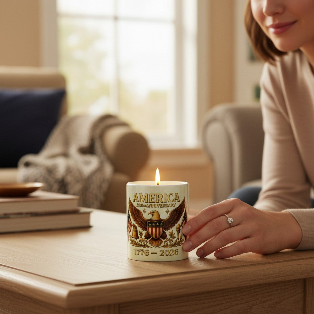 SUBLIMART: USA-250 Anniversary Candle - Reusable Ceramic Tumbler with wood lid - (11 Oz)