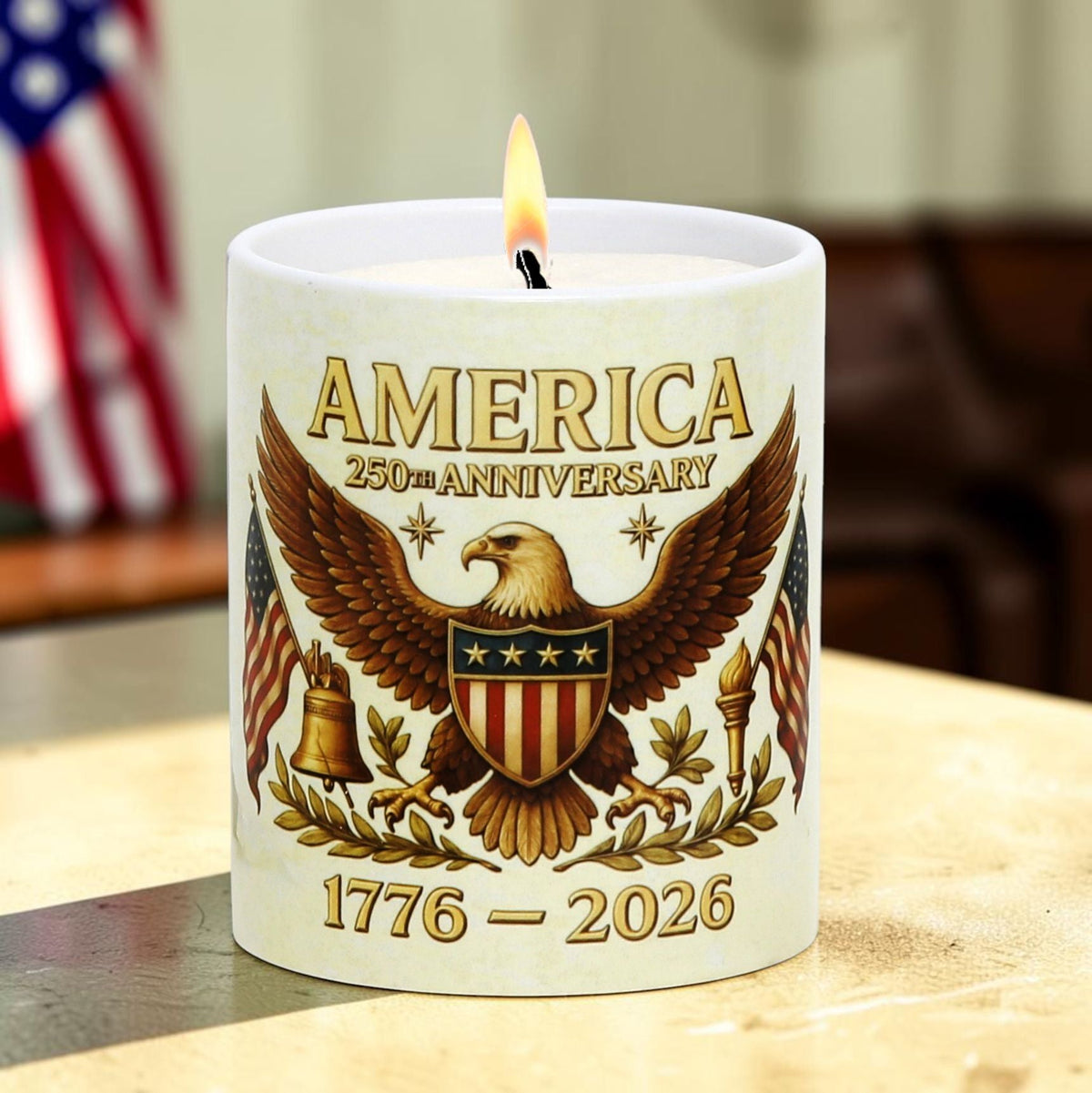 SUBLIMART: USA-250 Anniversary Candle - Reusable Ceramic Tumbler with wood lid - (11 Oz)