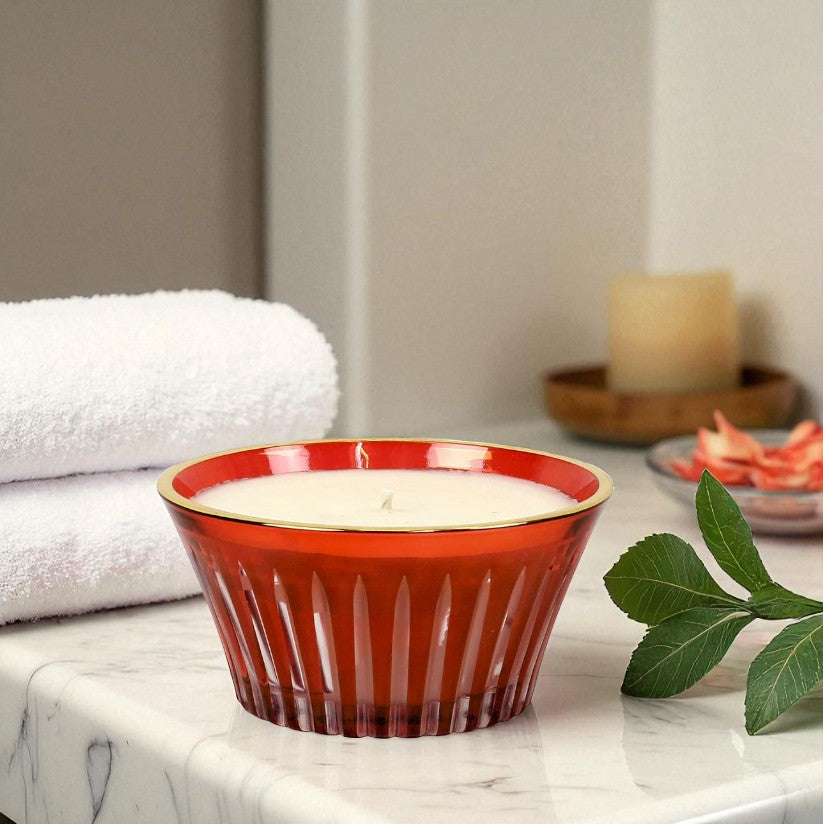 CRYSTAL CANDLES: Scented soy candle in hand engraved RED crystal cup ~ Christmas Tree scent. - Artistica.com