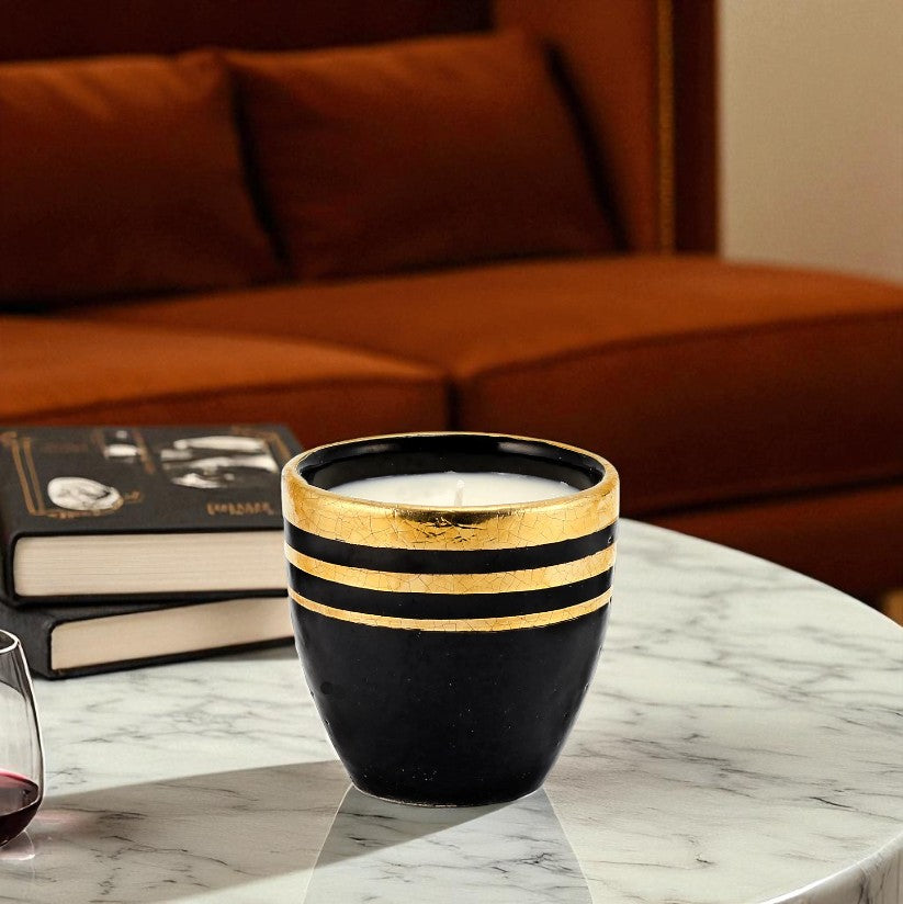 HOLIDAYS DERUTA MILANO: Large Candle Black with Hand Painted Pure Gold Stripes