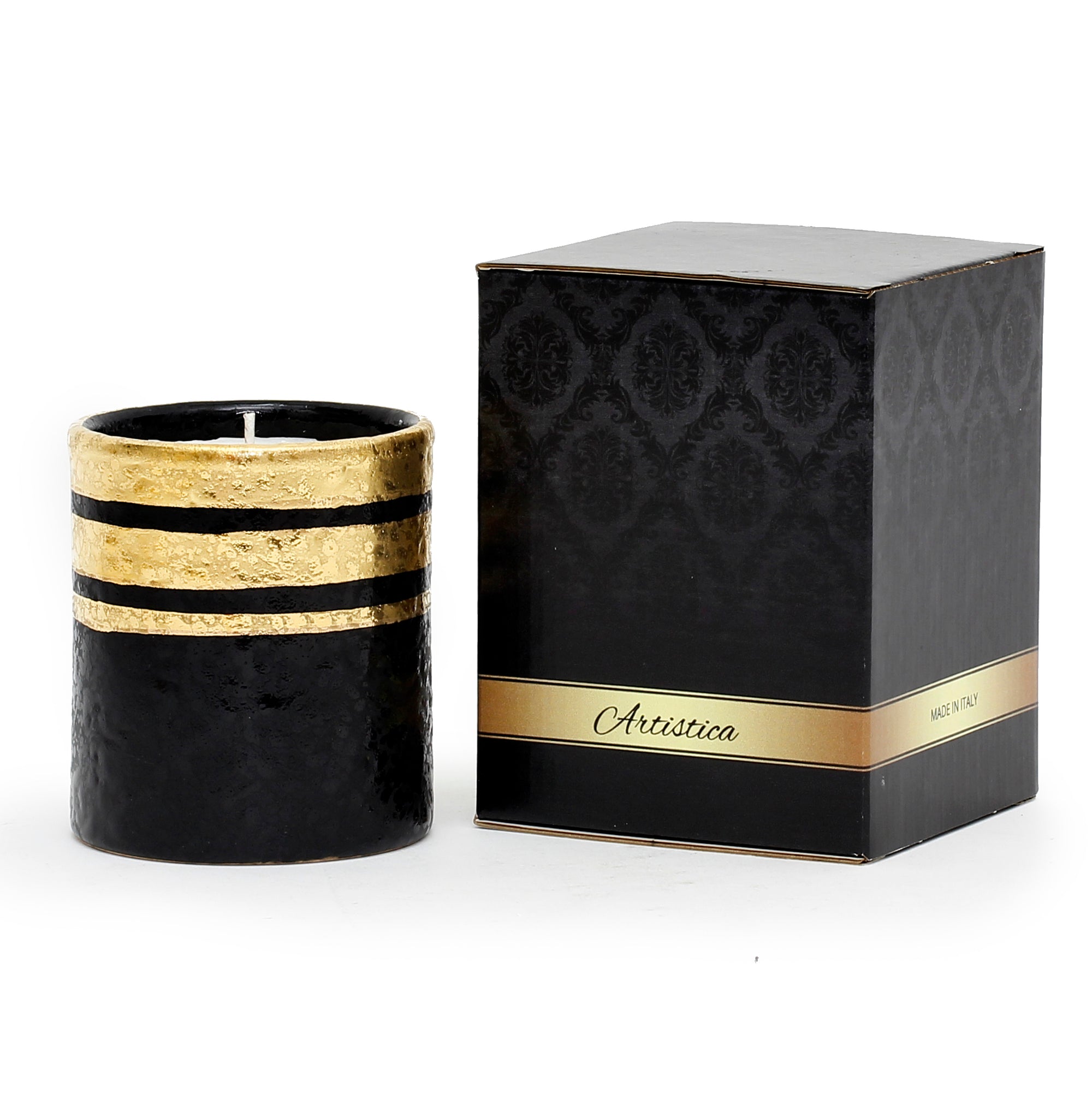 HOLIDAYS DERUTA MILANO: Candle Black with Hand Painted Pure Gold Stripes - Artistica.com