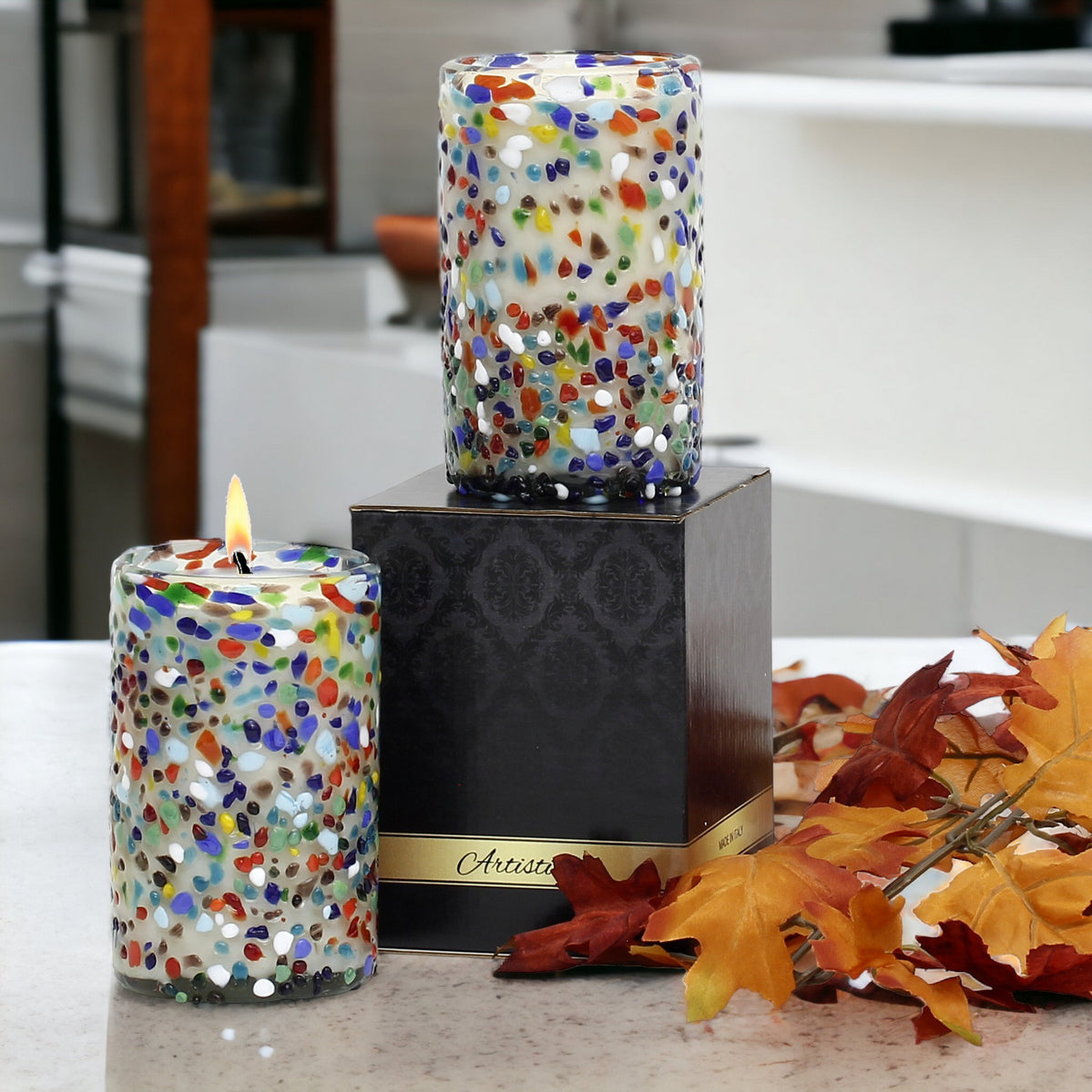 HOLIDAYS MURANO CANDLE: Murano Confetti Style Glass Tall Tumbler (14 Oz.) - SET of TWO