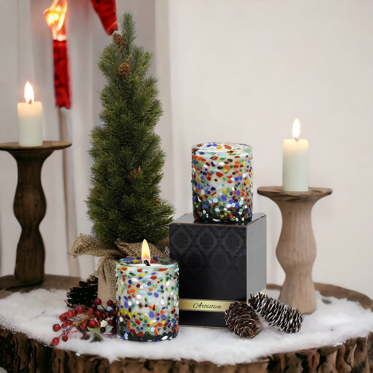 HOLIDAYS MURANO CANDLE: Murano Confetti Style Glass Tumbler (10 Oz.) - SET of TWO