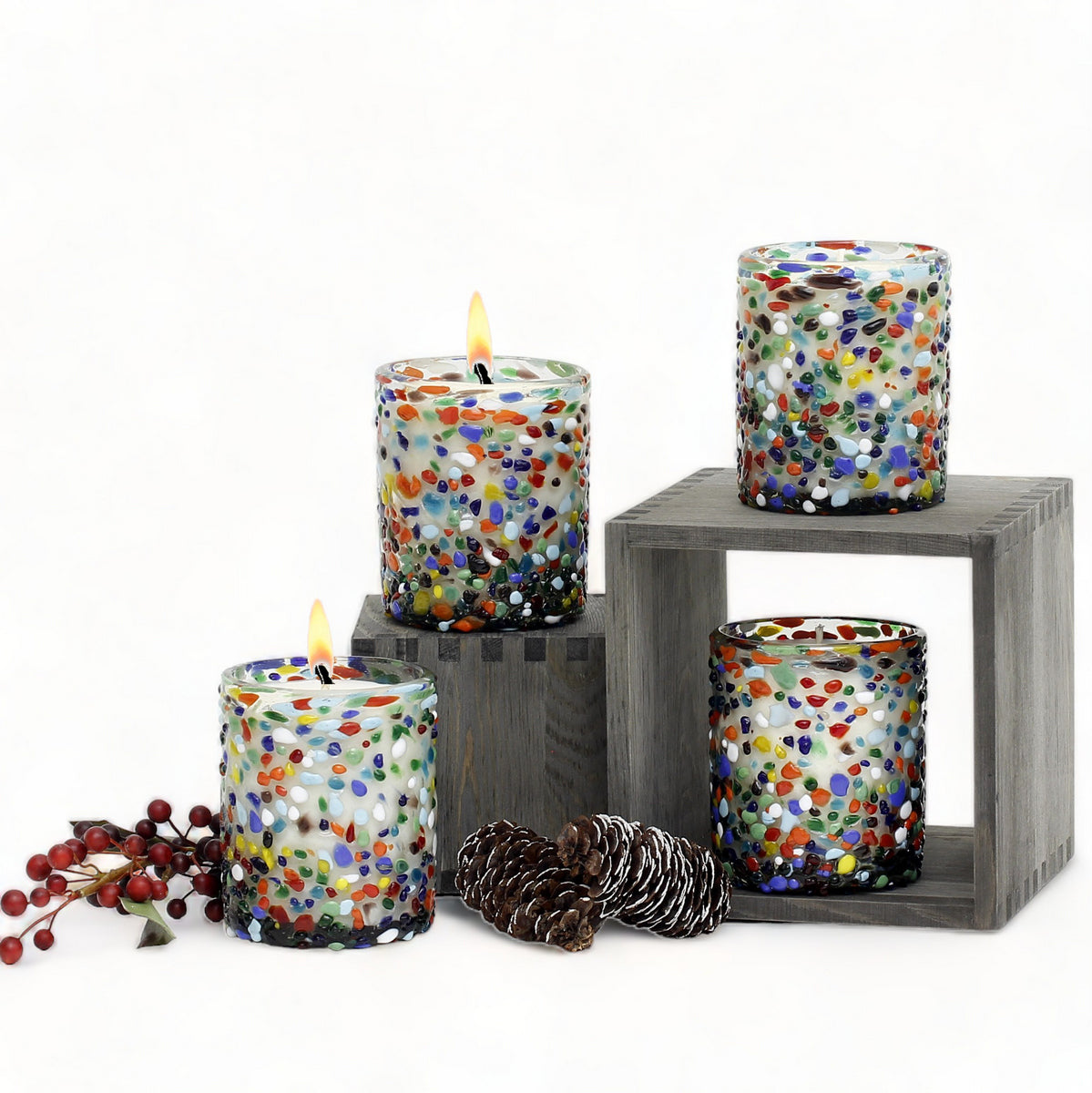 HOLIDAYS MURANO CANDLE: Murano Confetti Style Glass Tall Tumbler (14 Oz.) - SET of FOUR