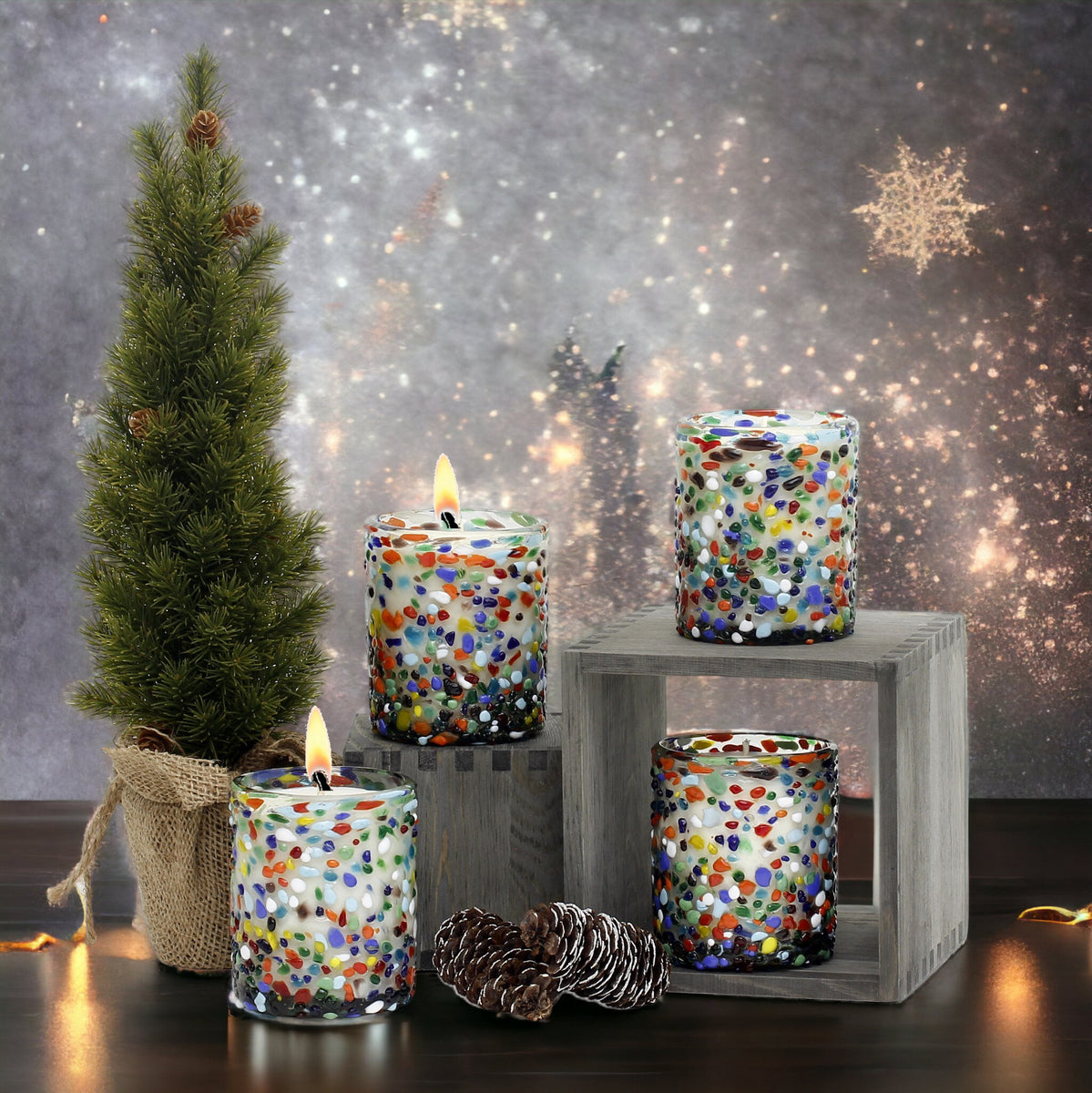 HOLIDAYS MURANO CANDLE: Murano Confetti Style Glass Tall Tumbler (14 Oz.) - SET of FOUR