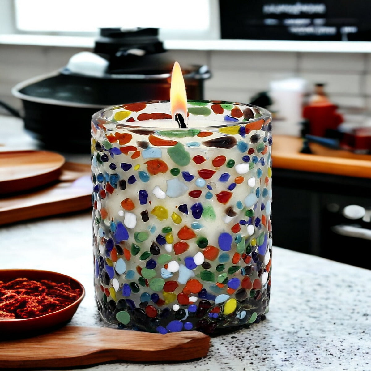 HOLIDAYS MURANO CANDLE: Murano Confetti Style Glass Tumbler (10 Oz.)
