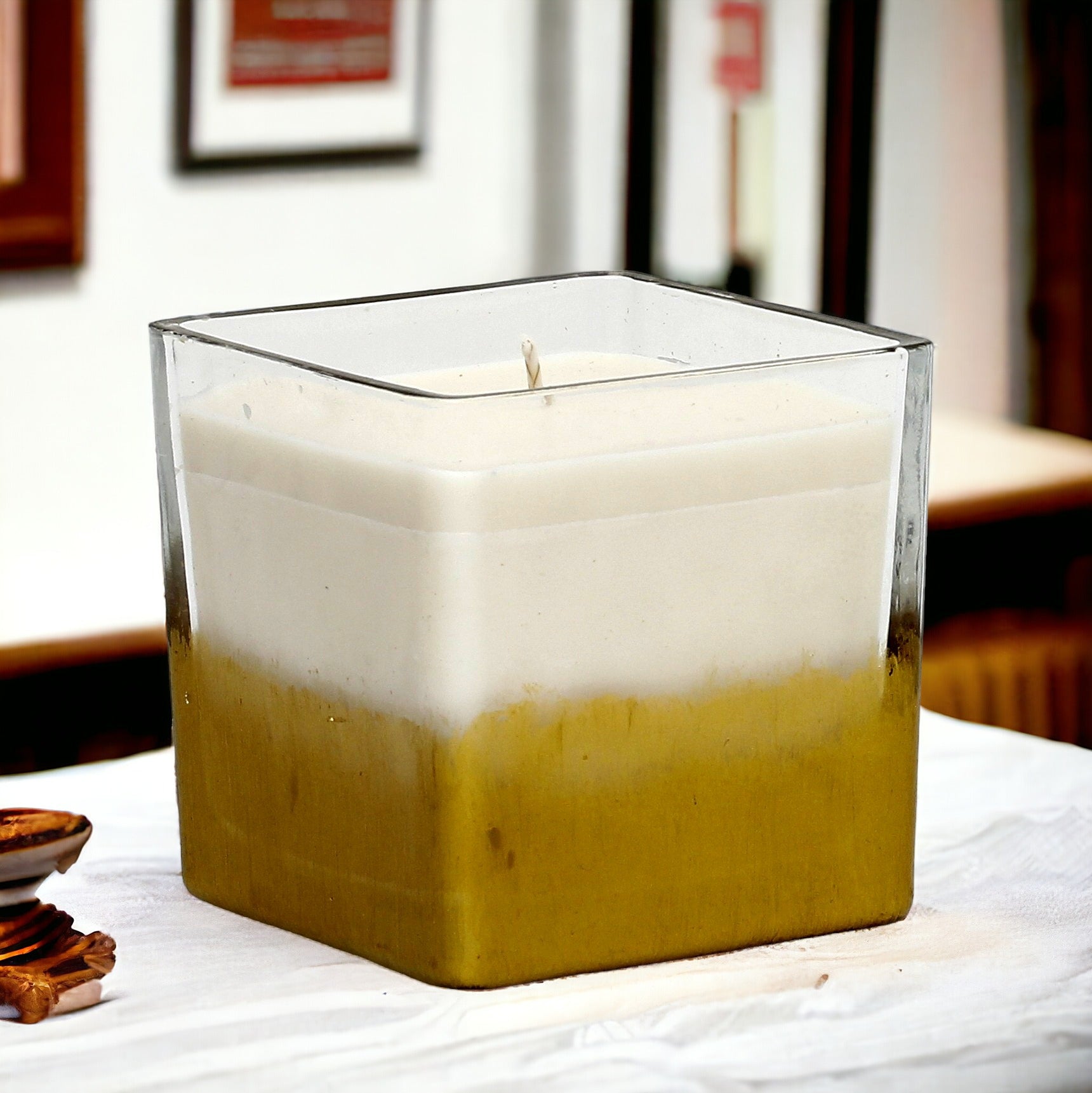 GILDED: Soy Wax Candle with hand painted gold accent. Medium square thick glass container