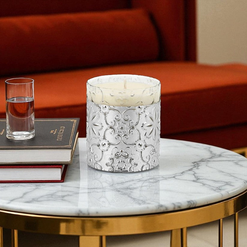 CRYSTAL CANDLES: Bass relief Design with Silver Leaf finish ~ (10 Oz) - Artistica.com